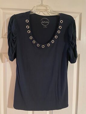 INC International Concepts Navy Short Sleeve Scoop Neck Top with Grommet Detail